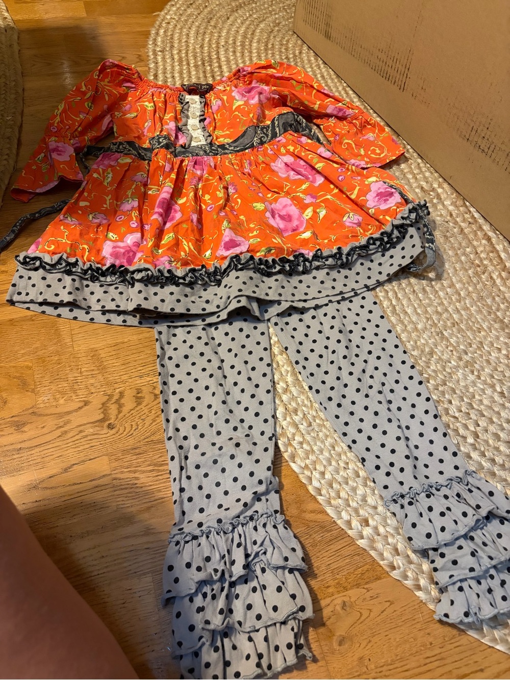 Mustard Pie Orange Floral Peplum Top with Polka Dot Ruffle Leggings